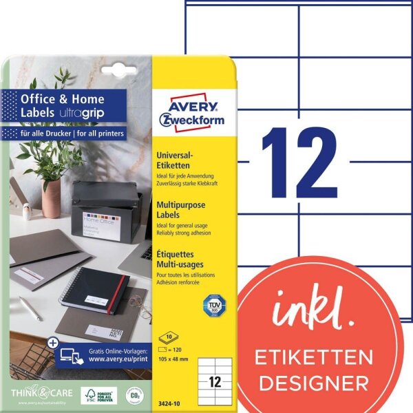 AVERY Zweckform Etiketten 3424-10 weiß 105,0 x 48,0 mm, 10 Blatt