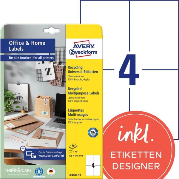 AVERY Zweckform Etiketten LR3483-10 weiß 105,0 x 148,0 mm, 10 Blatt