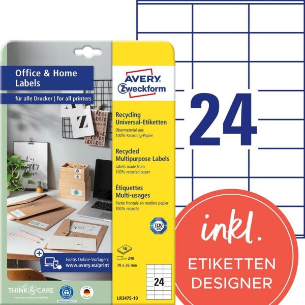 AVERY Zweckform Etiketten LR3475-10 weiß 70,0 x 36,0 mm, 10 Blatt