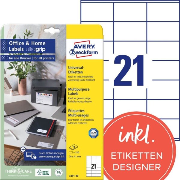 AVERY Zweckform Etiketten 3481-10 weiß 70,0 x 41,0 mm, 10 Blatt