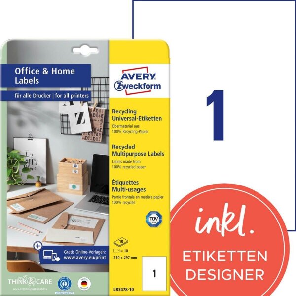 AVERY Zweckform Etiketten LR3478-10 weiß 210,0 x 297,0 mm, 10 Blatt