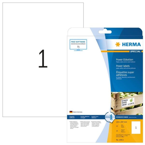 HERMA Etiketten 10911 weiß 210,0 x 297,0 mm, 25 Blatt