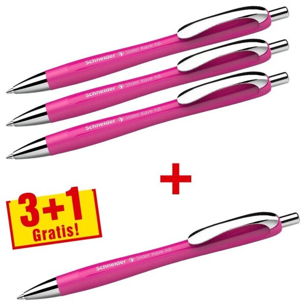 3 + 1 GRATIS: Schneider Kugelschreiber Slider Rave XB pink, Schreibfarbe: blau, 3 St. + GRATIS 1 Slider Rave XB pink