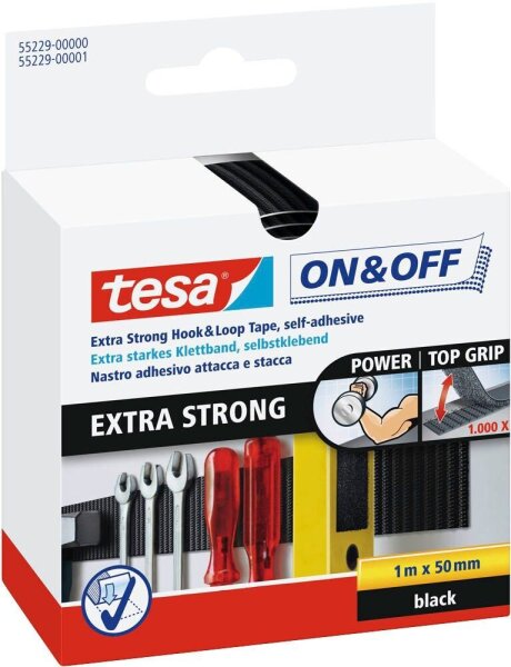 tesa Klettband ON & OFF® EXTRA STRONG schwarz, 1 Rolle