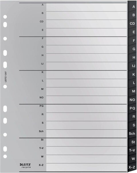 LEITZ Ordnerregister recycle 1207 DIN A4 Vollformat, Überbreite A-Z schwarz 20-teilig, 1 Satz