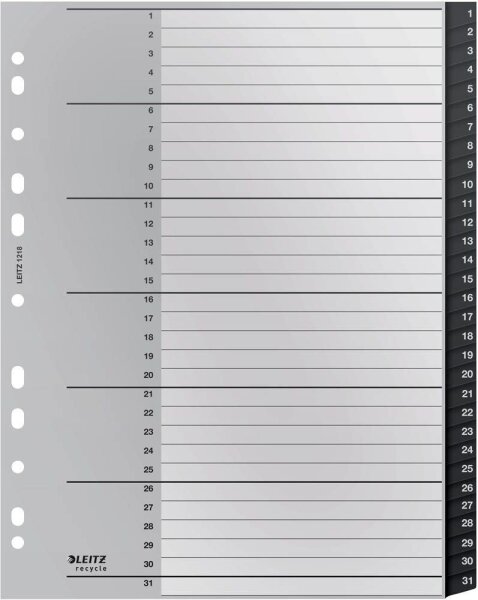 LEITZ Ordnerregister recycle 1218 DIN A4 Vollformat, Überbreite 1-31 schwarz 31-teilig, 1 Satz