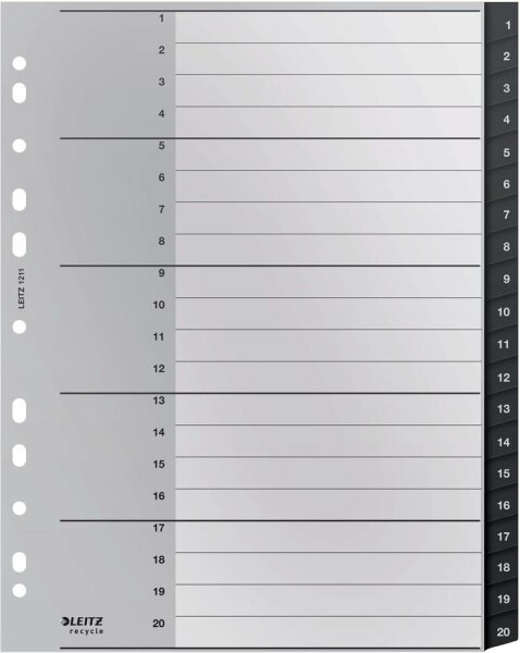 LEITZ Ordnerregister recycle 1211 DIN A4 Vollformat, Überbreite 1-20 schwarz 20-teilig, 1 Satz