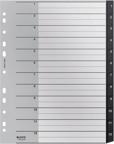 LEITZ Ordnerregister recycle 1209 DIN A4 Vollformat, Überbreite 1-12 schwarz 12-teilig, 1 Satz