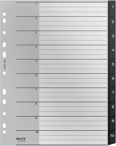 LEITZ Ordnerregister recycle 1208 DIN A4 Vollformat, Überbreite 1-10 schwarz 10-teilig, 1 Satz