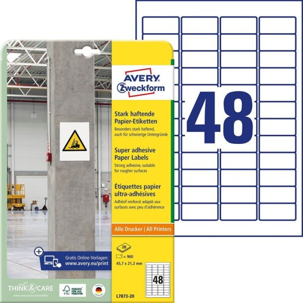 AVERY Zweckform Power-Etiketten L7873-20 weiß 45,7 x 21,2 mm, 20 Blatt