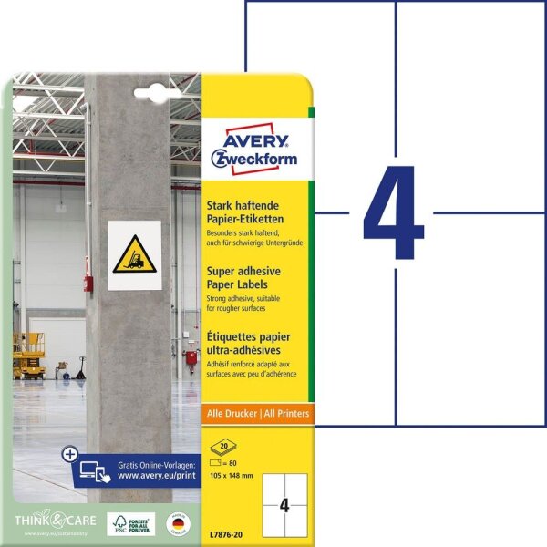 AVERY Zweckform Power-Etiketten L7876-20 weiß 105,0 x 148,0 mm, 20 Blatt