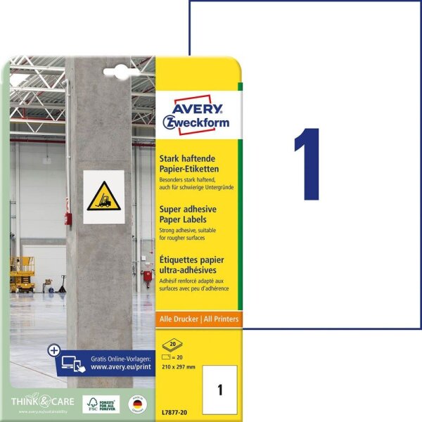 AVERY Zweckform Power-Etiketten L7877-20 weiß 210,0 x 297,0 mm, 20 Blatt