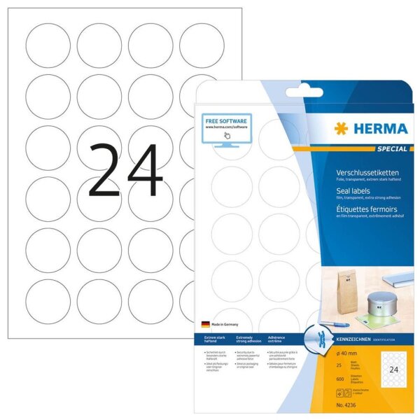 HERMA Folien-Verschlussetiketten 4236 transparent 40,0 x 40,0 mm, 25 Blatt