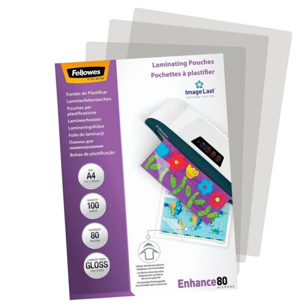 Fellowes Laminierfolien Enhance80 ImageLast glänzend für A4 80 micron, 100 St.