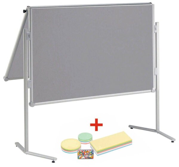 AKTION: MAUL Moderationswand professionell, klappbar 120,0 x 150,0 cm grau + GRATIS Moderations-Starter-Set, bestehend aus je 120 Moderationskarten Ø 9,5 cm, Ø 13,5 cm, 9,5 x 20,0 cm, 200 Signal-Nadeln