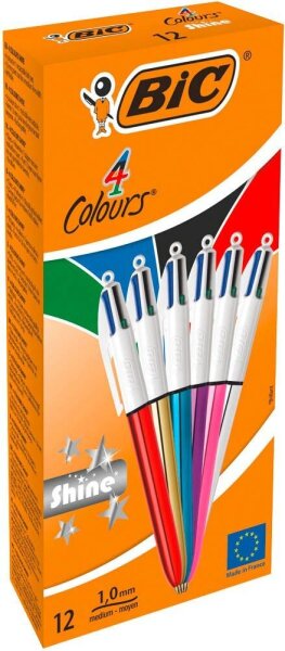 BIC 4-Farben-Kugelschreiber 4 Colours Shine farbsortiert, Schreibfarbe: blau, schwarz, rot, grün, 12 St.