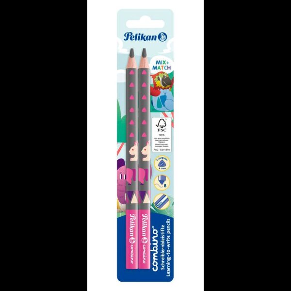 Pelikan Combino Schreiblern- Bleistifte B pink mit Tiermotiv, 2 St.