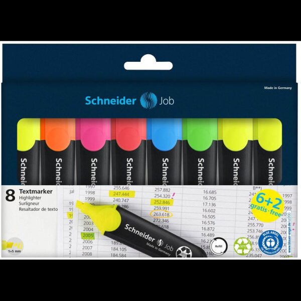 6 + 2 GRATIS: Schneider Job Textmarker farbsortiert, 6 St. + GRATIS 2 St.