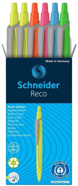 Schneider Kugelschreiber Reco farbsortiert, Schreibfarbe: blau, 6 St.