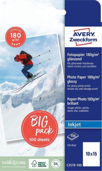 AVERY Zweckform Fotopapier C2570-100 10,0 x 15,0 cm glänzend 180 g/qm 100 Blatt