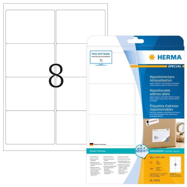 HERMA Adressetiketten 10018 weiß 99,1 x 67,7 mm, 25 Blatt