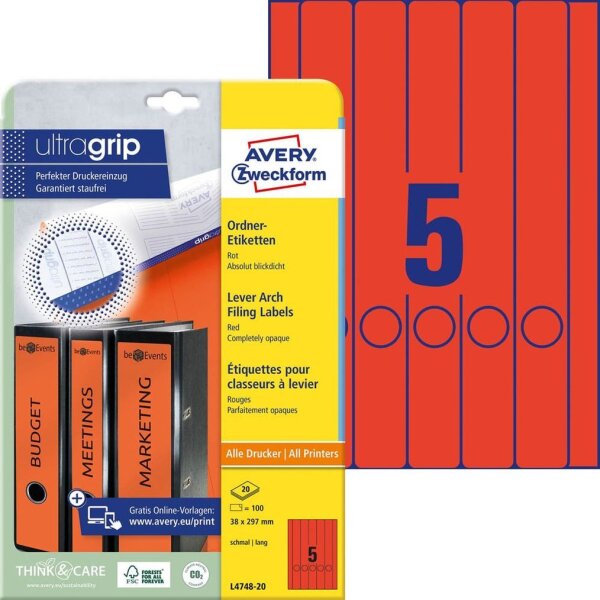 AVERY Zweckform Ordneretiketten L4748-20 rot, 20 Blatt