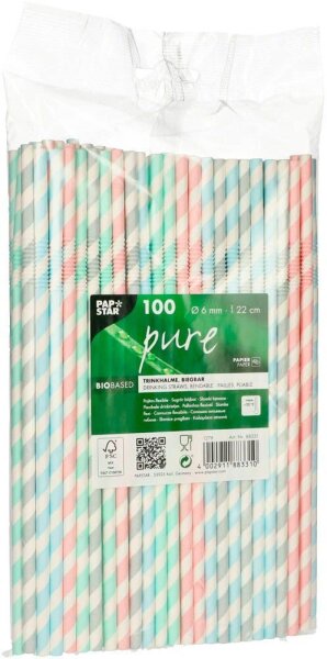 PAPSTAR Strohhalme pure farbsortiert gestreift Papier, knickbar, 100 St.