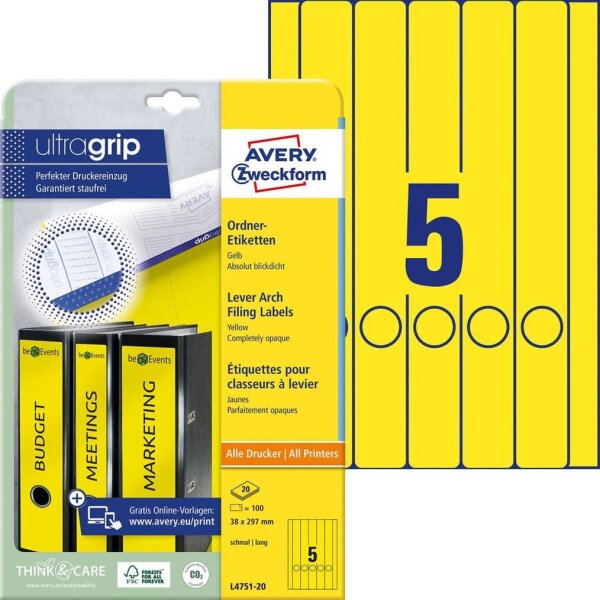 AVERY Zweckform Ordneretiketten L4751-20 gelb, 20 Blatt