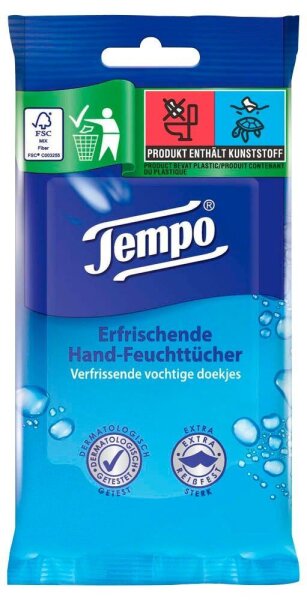 Tempo Handreinigungstücher Erfrischend 1-lagig weiß, 10 Tücher