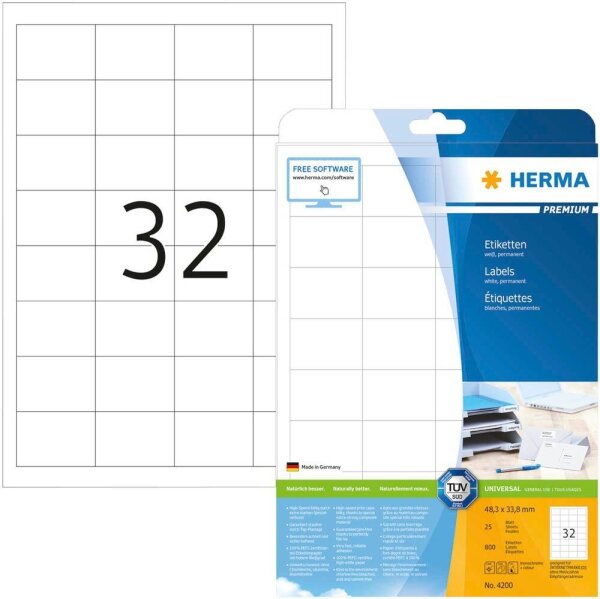 HERMA Etiketten 4200 weiß 48,3 x 33,8 mm, 25 Blatt