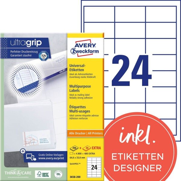 AVERY Zweckform Etiketten 3658-200 weiß 64,6 x 33,8 mm, 220 Blatt