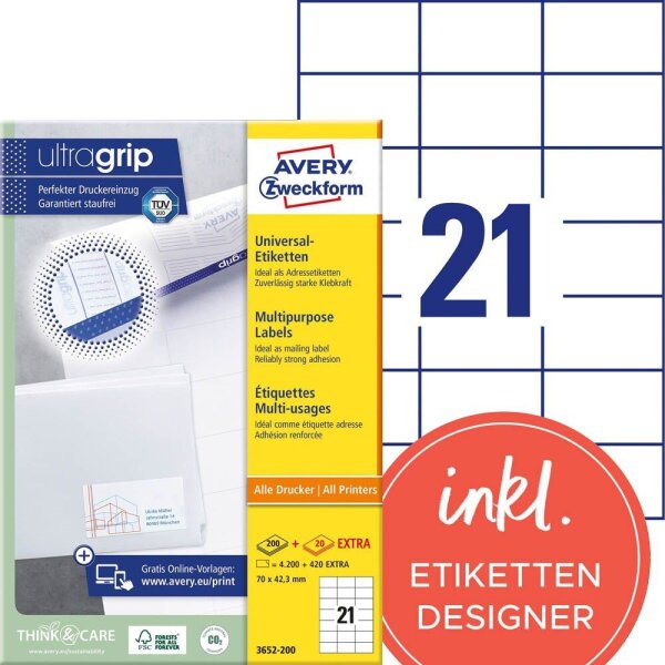 AVERY Zweckform Etiketten 3652-200 weiß 70,0 x 42,3 mm, 220 Blatt