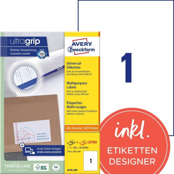 AVERY Zweckform Etiketten 3478-200 weiß 210,0 x 297,0 mm, 220 Blatt
