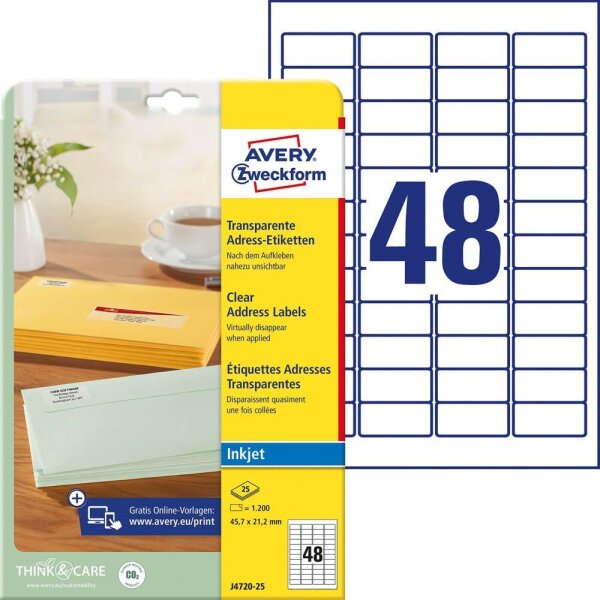 AVERY Zweckform Folien-Adressetiketten J4720-25 transparent 45,7 x 21,2 mm, 25 Blatt