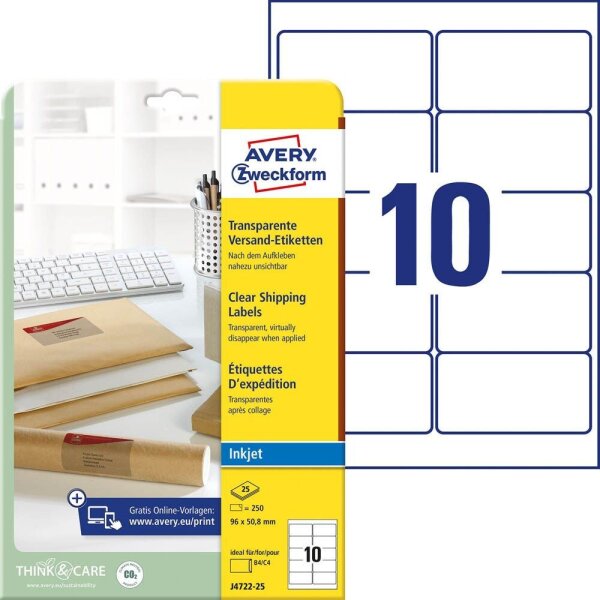 AVERY Zweckform Folien-Versandetiketten J4722-25 transparent 96,0 x 50,8 mm, 25 Blatt
