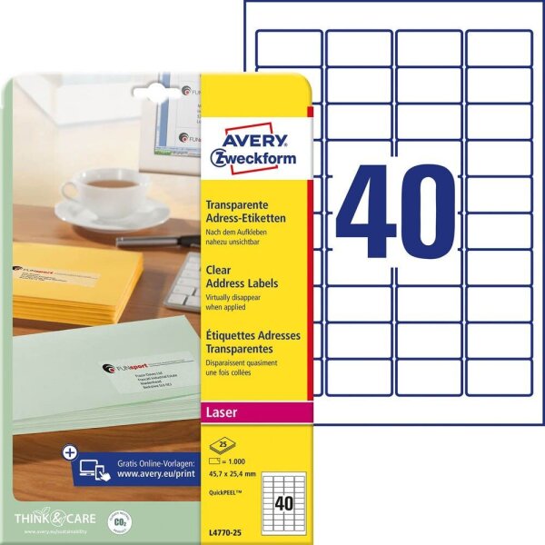 AVERY Zweckform Folien-Adressetiketten L4770-25 transparent 45,7 x 25,4 mm, 25 Blatt