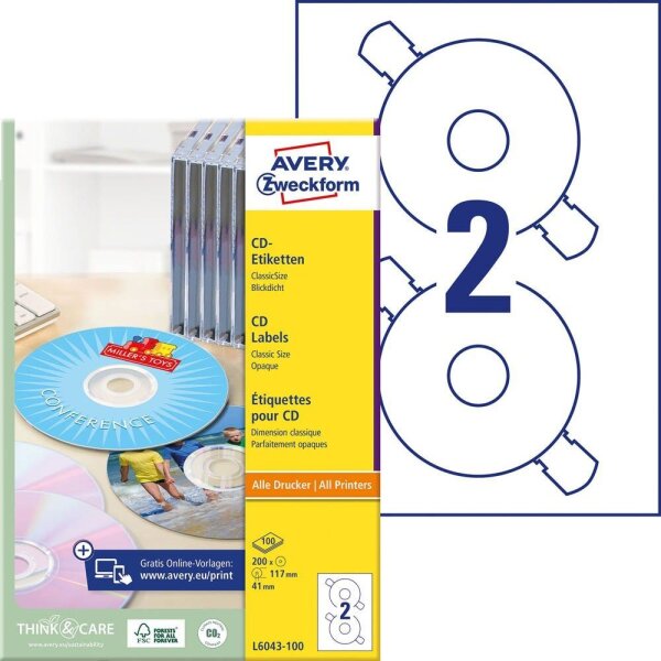 AVERY Zweckform CD-Etiketten L6043-100 weiß, 200 Etiketten