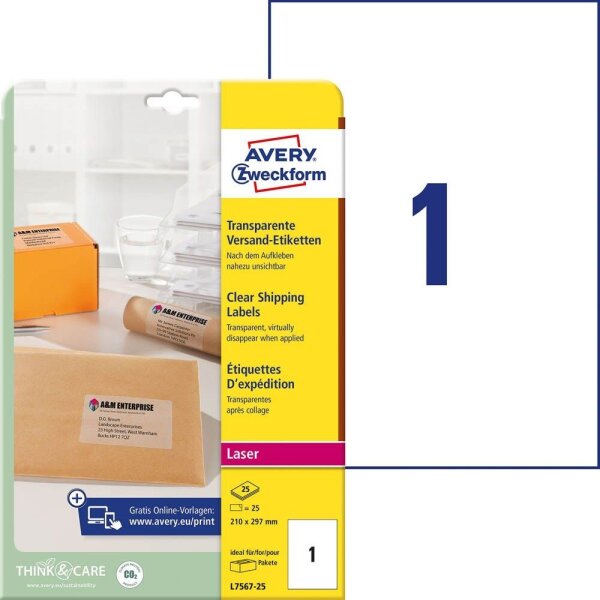 AVERY Zweckform Folien-Versandetiketten L7567-25 transparent 210,0 x 297,0 mm, 25 Blatt