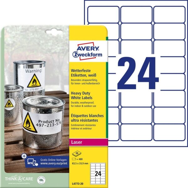 AVERY Zweckform wetterfeste Folienetiketten L4773-20 weiß 63,5 x 33,9 mm, 20 Blatt