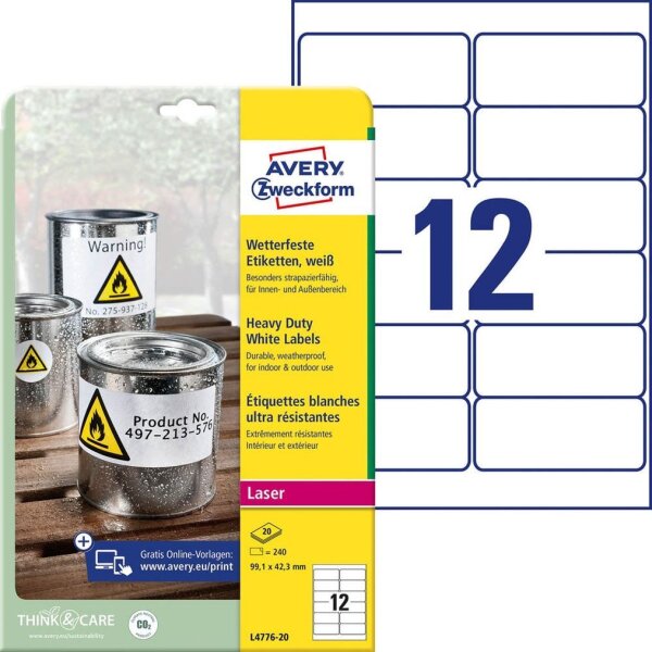 AVERY Zweckform wetterfeste Folienetiketten L4776-20 weiß 99,1 x 42,3 mm, 20 Blatt