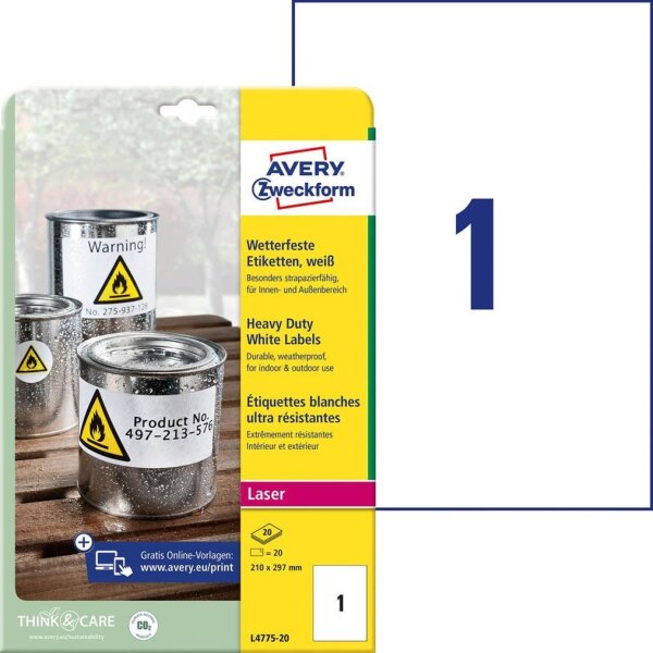AVERY Zweckform wetterfeste Folienetiketten L4775-20 weiß 210,0 x 297,0 mm, 20 Blatt