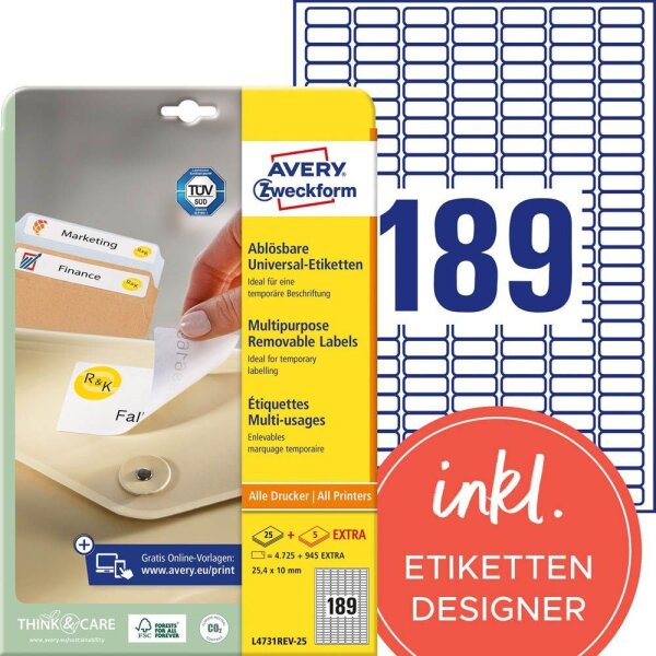 AVERY Zweckform Etiketten L4731REV-25 weiß 25,4 x 10,0 mm, 30 Blatt