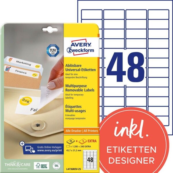 AVERY Zweckform Etiketten L4736REV-25 weiß 45,7 x 21,2 mm, 30 Blatt