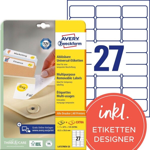 AVERY Zweckform Etiketten L4737REV-25 weiß 63,5 x 29,6 mm, 30 Blatt