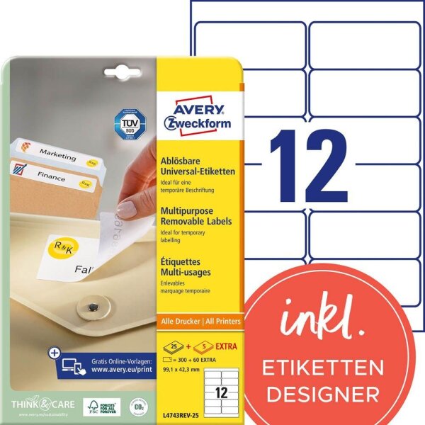 AVERY Zweckform Etiketten L4743REV-25 weiß 99,1 x 42,3 mm, 30 Blatt
