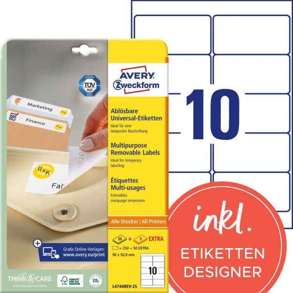 AVERY Zweckform Etiketten L4744REV-25 weiß 96,0 x 50,8 mm, 30 Blatt