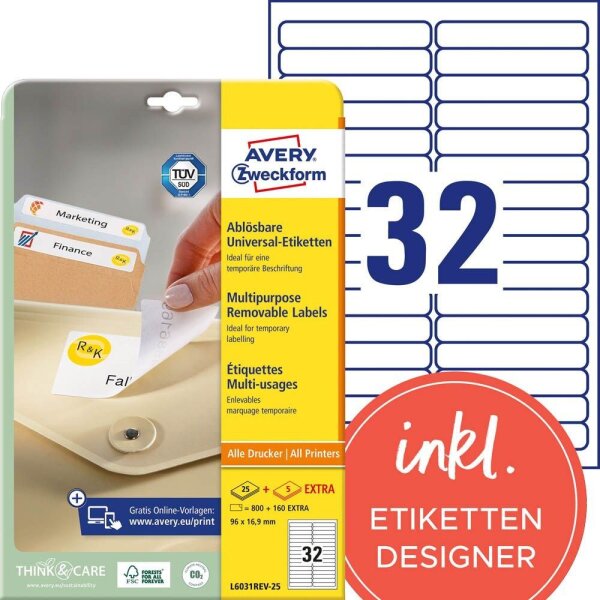 AVERY Zweckform Etiketten L6031REV-25 weiß 96,0 x 16,9 mm, 30 Blatt