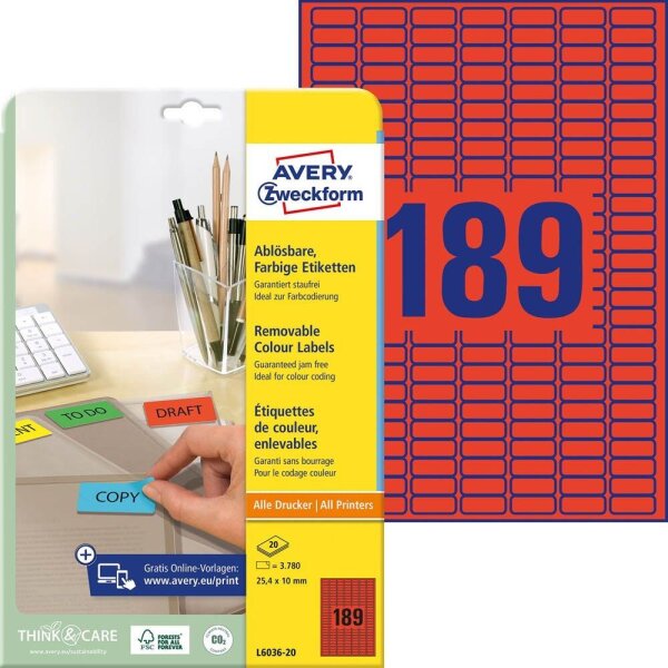 AVERY Zweckform Etiketten L6036-20 rot 25,4 x 10,0 mm, 20 Blatt