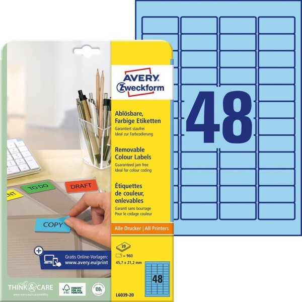 AVERY Zweckform Etiketten L6039-20 blau 45,7 x 21,2 mm, 20 Blatt