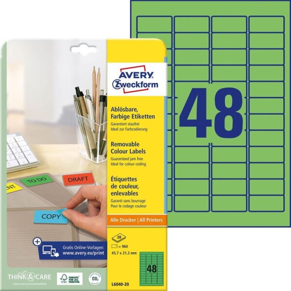 AVERY Zweckform Etiketten L6040-20 grün 45,7 x 21,2 mm, 20 Blatt